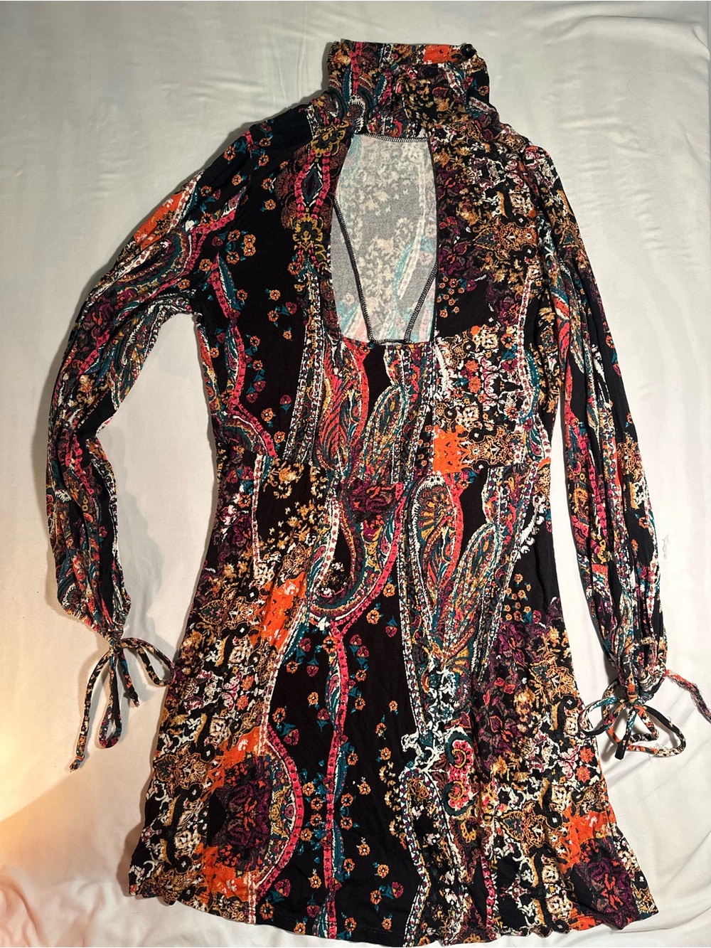 Free People Black Multi Paisley-Print Mock Neck Mini Dress with Cut-Out Back, M - Picture 3 of 8